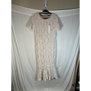 NWT JessaKae White Ivory Lace Midi Dress Womens Large Short Sleeve Nude Lining